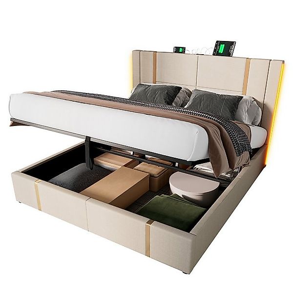 Rutaqian Stauraumbett Polsterbett 160×200cm Doppelbett mit LED-Licht, USB T günstig online kaufen