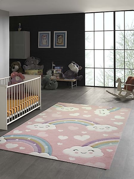 TeppichHome24 Kinderteppich Kinderteppich Regenbogen mit Wolken günstig online kaufen