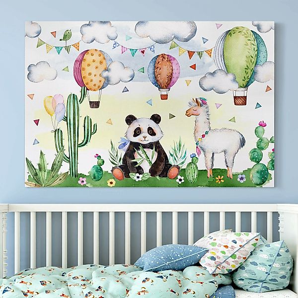 Leinwandbild - Querformat Panda und Lama Aquarell günstig online kaufen