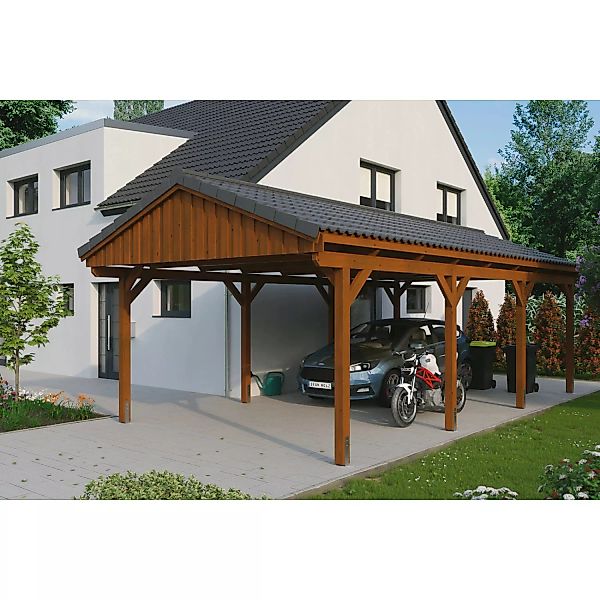 Skan Holz Carport Fichtelberg 423 cm x 808 cm Dachlattung Nussbaum günstig online kaufen