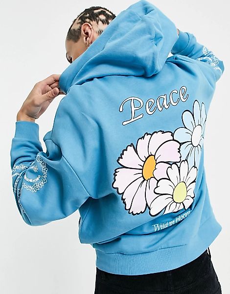 ASOS DESIGN – Oversize-Kapuzenpullover in Blau mit bunten Blumenmotiv günstig online kaufen