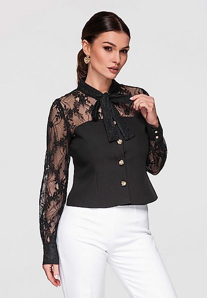 OMBRE Langarmhemd Damen Bluse Spitze Figurbetont Elegant Schwarz M (kein Se günstig online kaufen