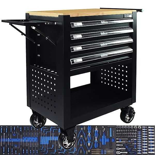 TRUTZHOLM Werkstattwagen 4 Schubladen Bestückt Massivholzplatte Schwarz günstig online kaufen