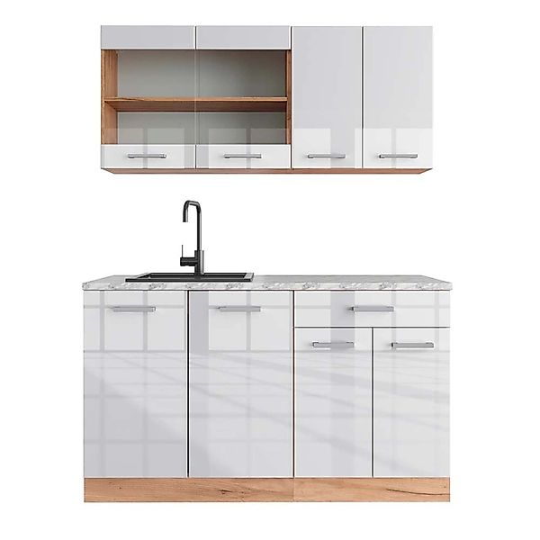 Vicco R-Line Singleküche Weiß Hochglanz/Goldkraft Eiche 140 cm AP Marmor günstig online kaufen