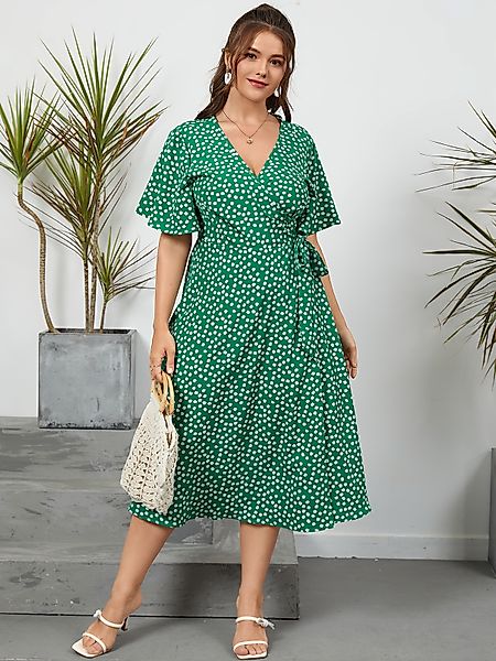 Plus Size V-Ausschnitt Calico Kurzarm Maxi Kleid günstig online kaufen