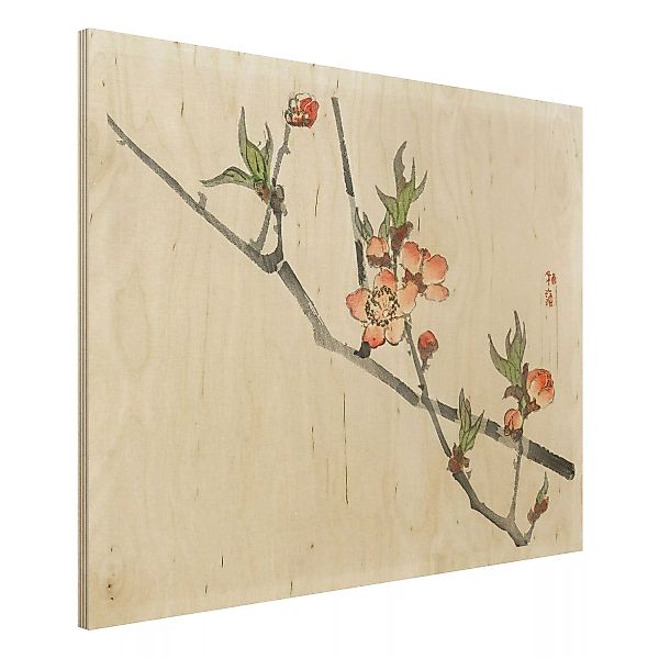Holzbild Blumen - Querformat 4:3 Asiatische Vintage Zeichnung Kirschblütenz günstig online kaufen