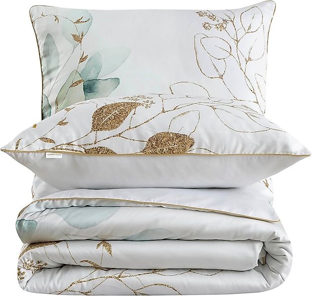 Aymando Bettwäsche Leaf Green, 100% Baumwolle Mako Satin, 3 teilig, Saum un günstig online kaufen