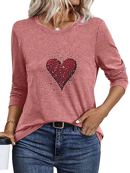 PYLIKE Longsleeve Damen Langarm mit herzförmiger Pfirsich Druck Rundhalsshi günstig online kaufen