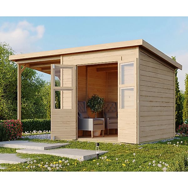 Karibu Holz-Gartenhaus Neuenburg Natur 370 cm x 150 cm davon 162 cm Anbauba günstig online kaufen