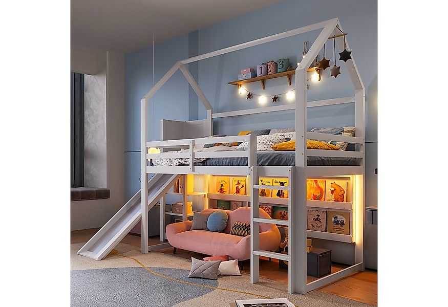 Flieks Hochbett Kinderbett 90x200cm mit LED-Beleuchtung, Bücherregale, Leit günstig online kaufen