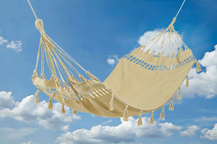 Hängematte Ibiza mit Fransen Tuchhängematte Baumwolle ohne Spreizstab Creme günstig online kaufen