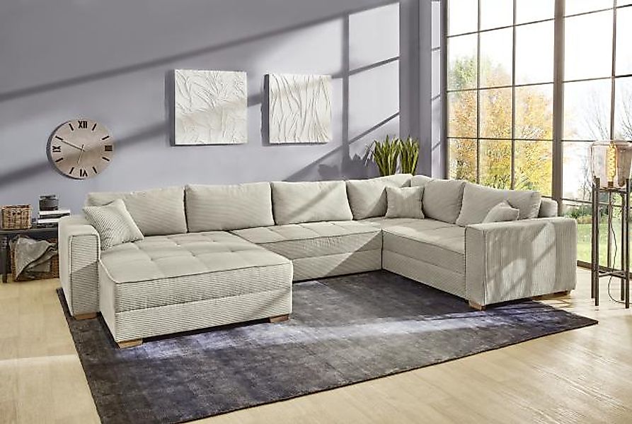 Wohnlandschaft U Form Cord Beige mit Schlaffunktion und Bettkasten 227 x 37 günstig online kaufen