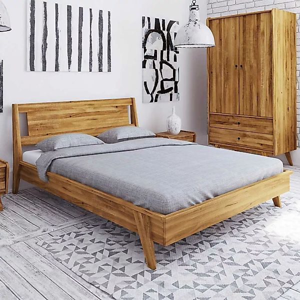 Niedriges Bett aus Wildeiche Massivholz Retro Design günstig online kaufen