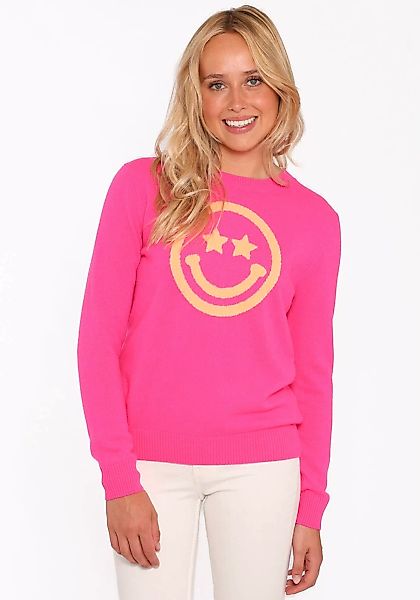 Zwillingsherz Kaschmirpullover Roundneck "Smiley Face" in Neonpink mit oran günstig online kaufen