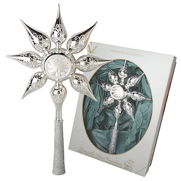 Krebs Glas Lauscha Christbaumspitze Große silberne Sternspitze mit Glastrop günstig online kaufen