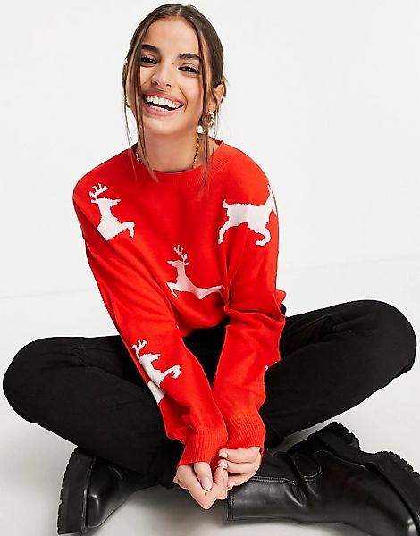ASOS DESIGN – Weihnachts-Pullover mit Rentier-Muster-Rot günstig online kaufen