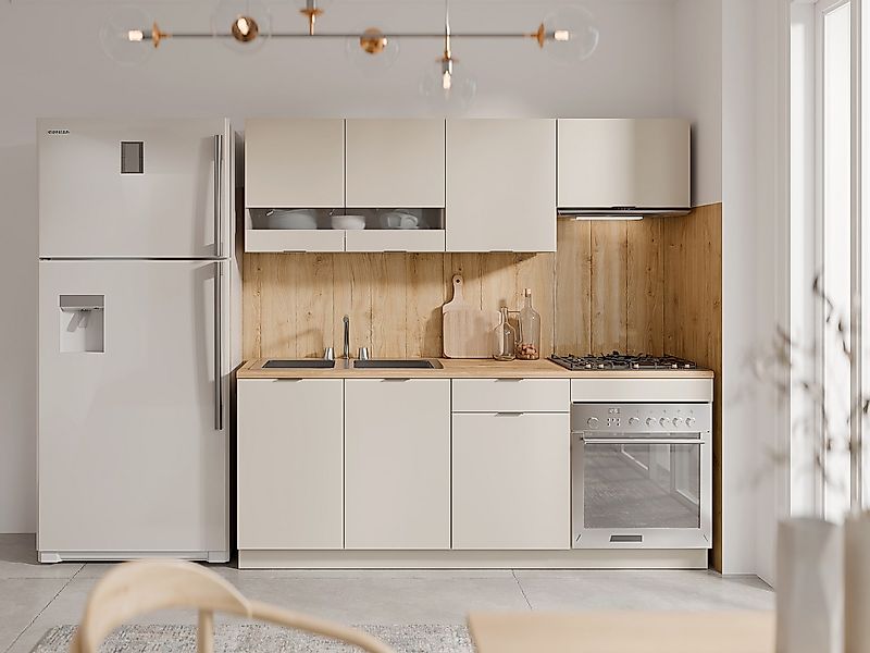 Küchenzeile - Mit Arbeitsplatte 200 cm - Beige & Holzfarben - CARMEO günstig online kaufen