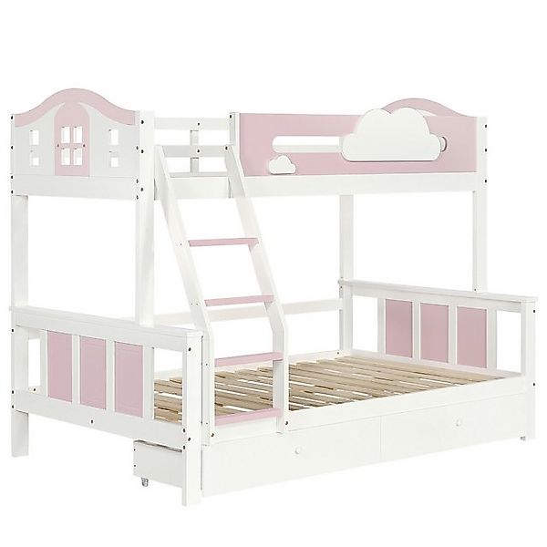 Gotagee Etagenbett Doppelbett Holzbett Weiß Rosa Schrägleiter und Schublade günstig online kaufen