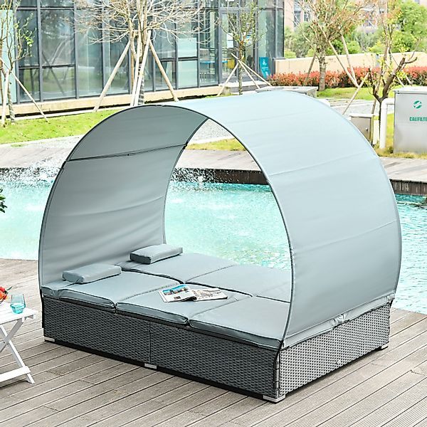 Outsunny Poly Rattan Doppelliege Sonnenliege für 2 Personen mit Sonnendach, günstig online kaufen