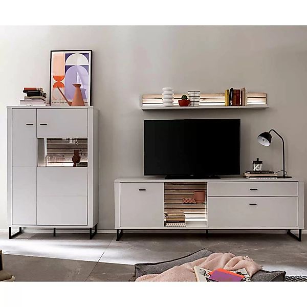 Schrankwand Wohnzimmer weiß und Wildeichefarben 152 cm hoch (dreiteilig) günstig online kaufen