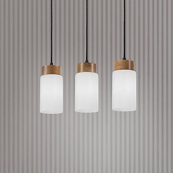 Hängeleuchte Markus, Opalglas/Eichenholz, Länge 60 cm 3-flg. günstig online kaufen