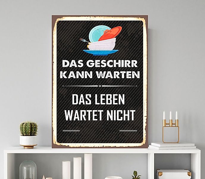 queence Metallbild "Geschirr kann warten", Schriftzüge, (1 St.), Stahlschil günstig online kaufen