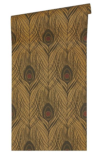 Bricoflor Goldene Tapete mit Pfauenfeder Elegante Feder Tapete Ideal für Wo günstig online kaufen