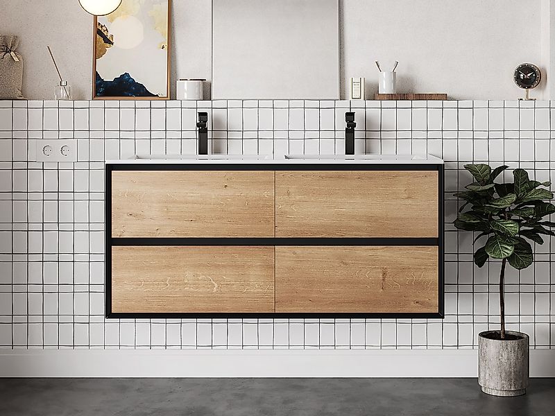 Hängendes Badezimmermöbel mit Einbau-Waschbecken - Helle Naturfarben & Schw günstig online kaufen