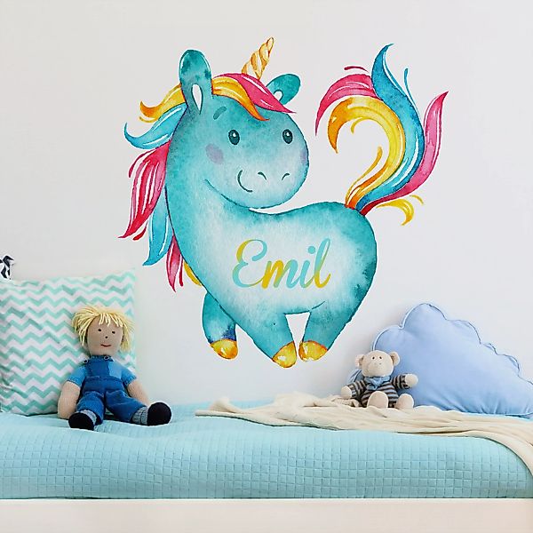 Wunschtext-Wandtattoo Kinderzimmer Einhorn mit Kindername Wunschtext Türkis günstig online kaufen