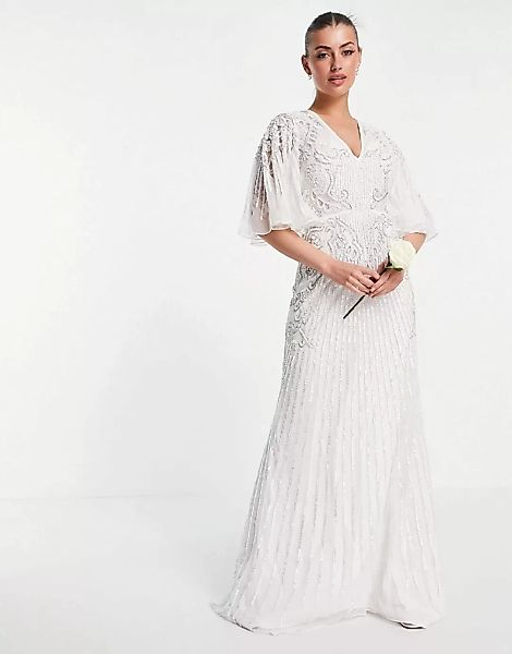 ASOS WEDDING – Eliza – Verziertes Hochzeitskleid mit Flatterärmeln-Weiß günstig online kaufen