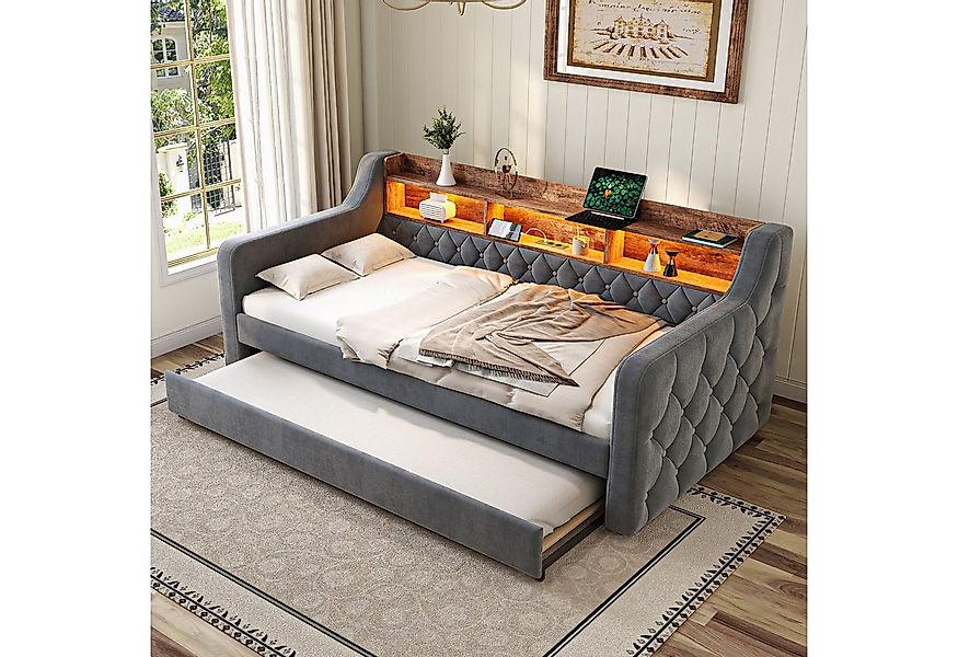 MODFU Schlafsofa Samt-Polsterbett mit integriertem Ausziehbett, mit LED-Bel günstig online kaufen