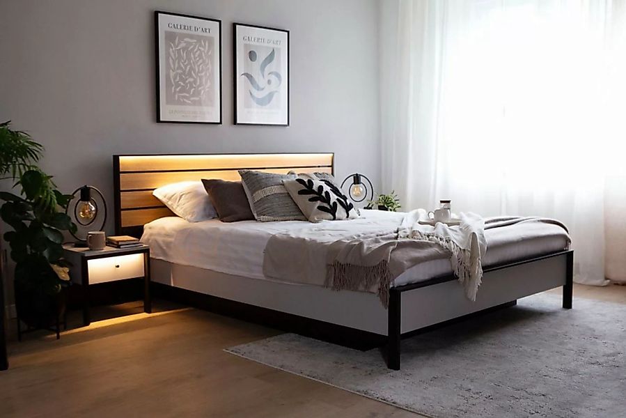 Compleo Bett MIYA Modernes Bett, grau/schwarz Bett mit USB- und C-Anschluss günstig online kaufen