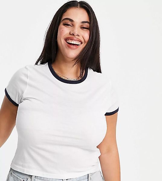 Brave Soul Plus – Claudia – T-Shirt mit kontrastierenden Abschlüssen-Weiß günstig online kaufen
