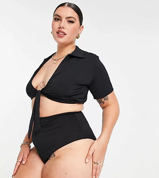 ASOS DESIGN Curve – Bikinihose mit hohem Bund in glänzendem Schwarz günstig online kaufen