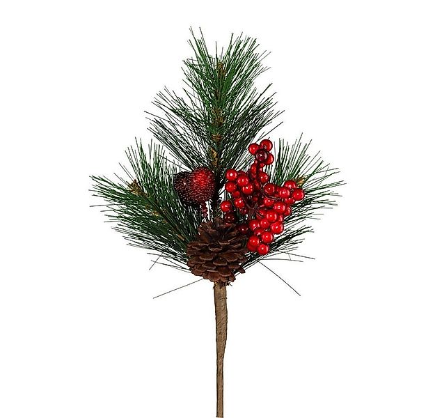 Kunstzweig Künstlicher MIX-TANNENZWEIG ca 29cm. mit ZAPFEN und roten BEEREN günstig online kaufen