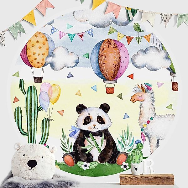 Bilderwelten Runde Tapete selbstklebend Kinderzimmer Panda und Lama Aquarel günstig online kaufen