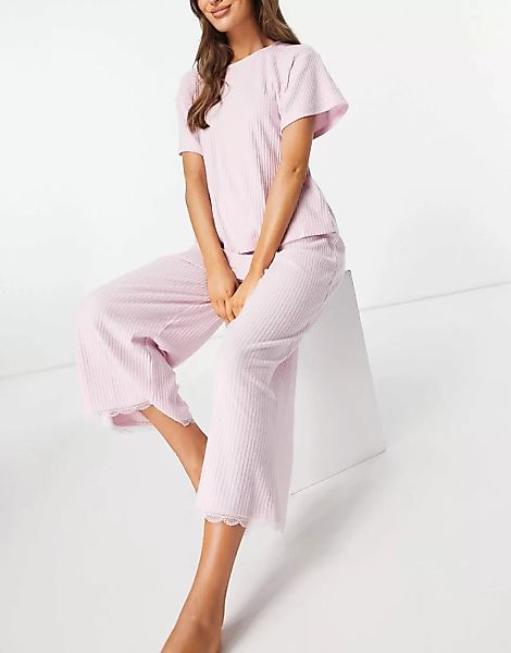 ASOS DESIGN – Mix & Match – Pyjama-Culotte aus geripptem Jersey und Spitze günstig online kaufen