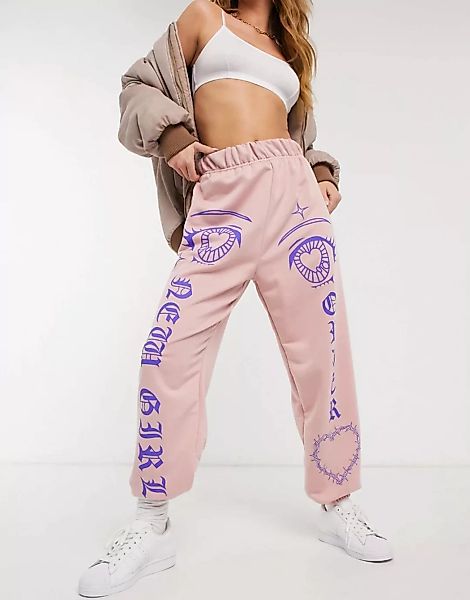 New Girl Order – Bedruckte Jogginghose mit hohem Bund-Rosa günstig online kaufen