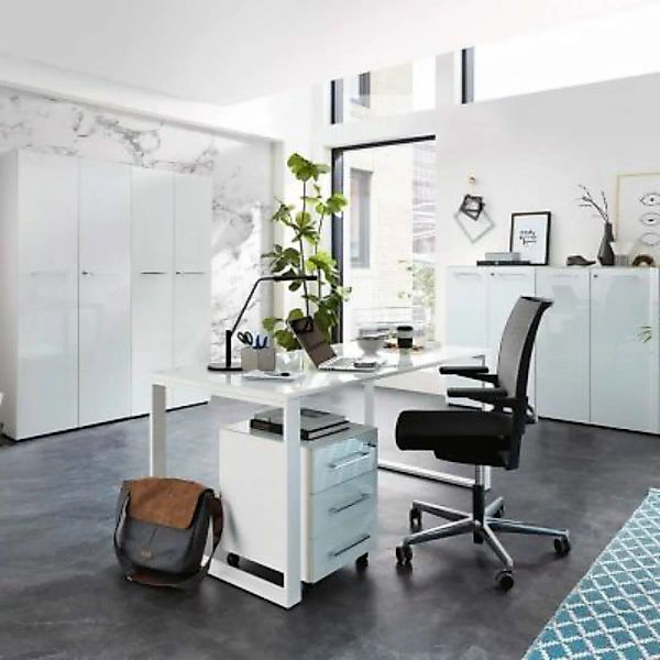 Lomadox Büro-Möbel Set mit weißen Glasfronten & Auflagen MONTERO-01 komplet günstig online kaufen