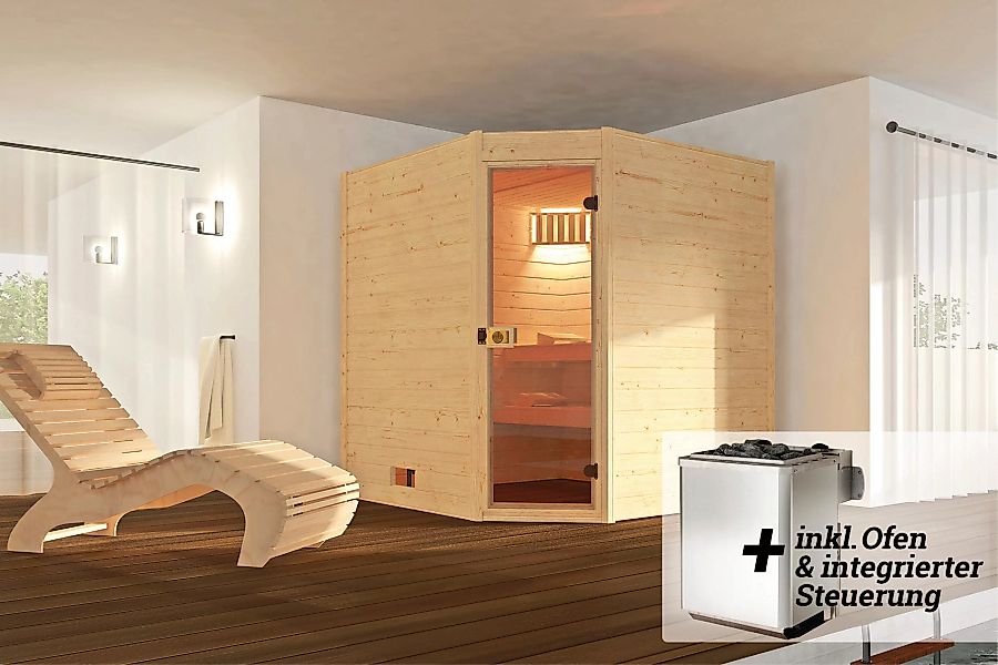 Weka Massivholz-Sauna Valida Eck 3 Sparset 9 kW K integ. Steuerung Glastür günstig online kaufen