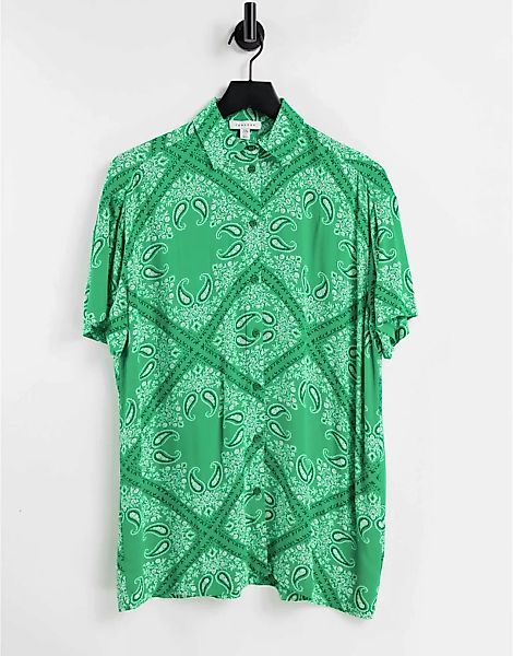 Topshop – Kurzärmliges Oversize-Souvenir-Hemd mit Paisleymuster in Grün günstig online kaufen