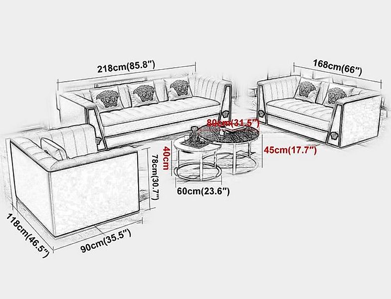 Xlmoebel Sofa Medusa Sitzgruppe aus Stoff für Wohnzimmer mit 3 Teilen, Herg günstig online kaufen