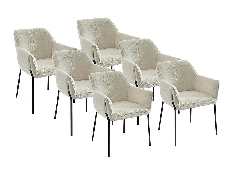Stuhl mit Armlehnen 6er-Set - Bouclé-Stoff & schwarzes Metall - Cremefarben günstig online kaufen