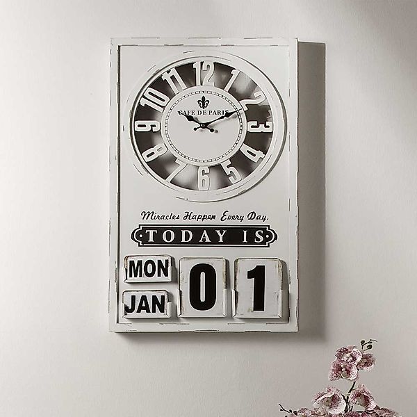 Wanduhr mit Kalender in Antikweiß Vintage Look günstig online kaufen