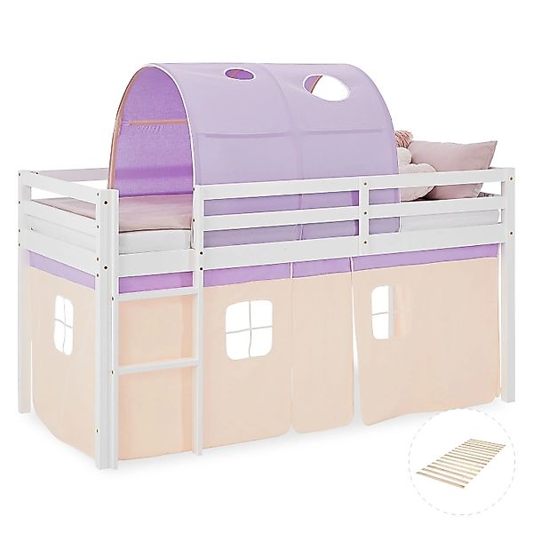 Homestyle4u Kinderbett Hochbett 90x200 mit Lattenrost Tunnel Vorhang Lila O günstig online kaufen