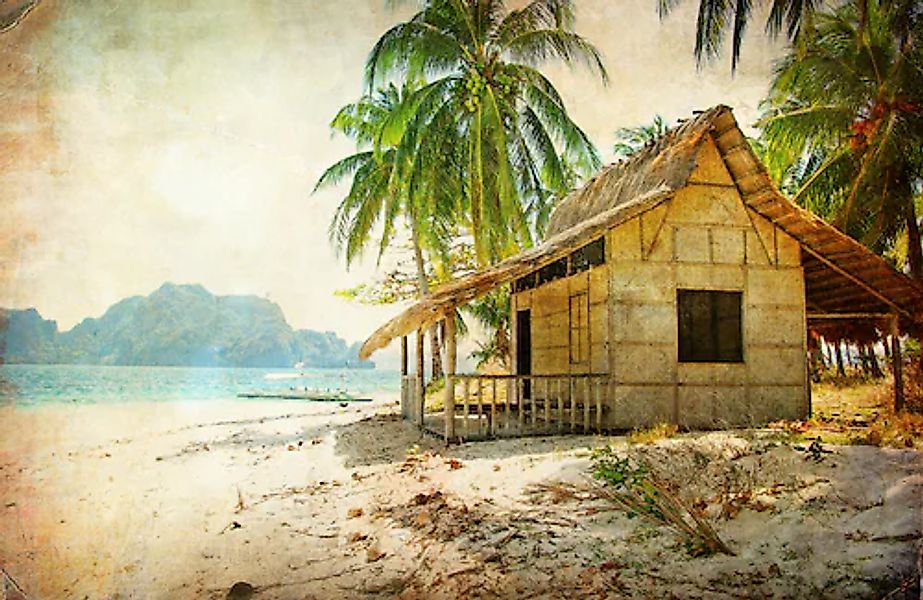 Papermoon Fototapete »PALMEN-STRAND-RETRO VINTAGE KARIBIK SÜDSEE MEER DÜNEN günstig online kaufen