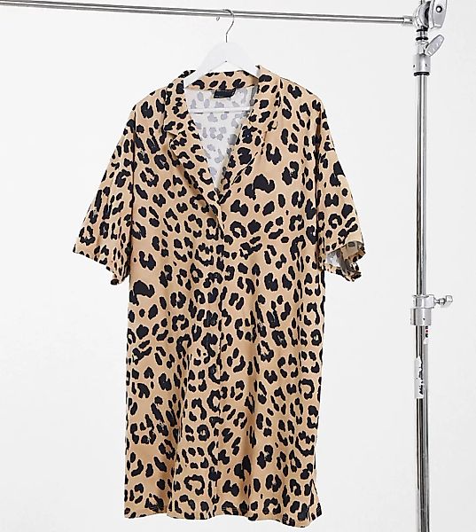 ASOS DESIGN Curve – Oversize Mini-Hemdkleid mit Leopardenmuster-Print-Braun günstig online kaufen