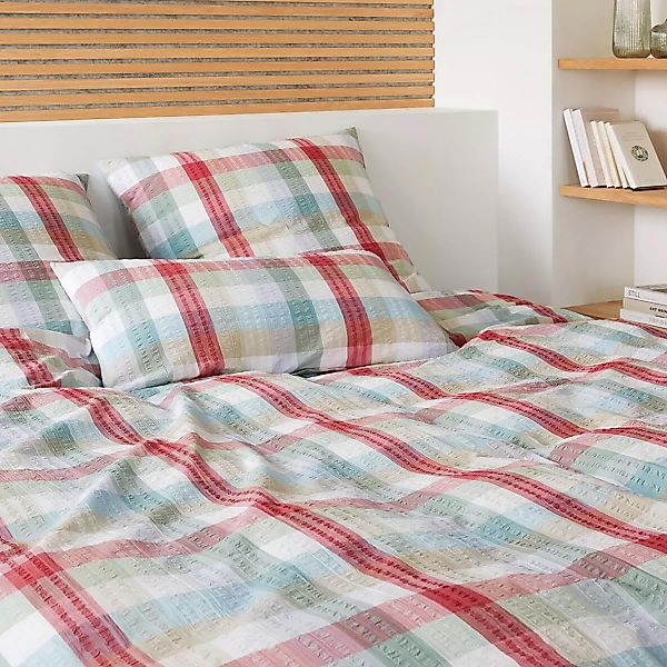 Elegante Seersucker Bettwäsche Aarhus 7104-1 rot blau kariert 135x200 günstig online kaufen