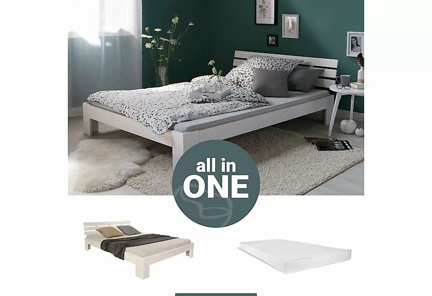 Homestyle4u Holzbett Doppelbett inkl. Matratze und Lattenrost 140x200 cm Be günstig online kaufen