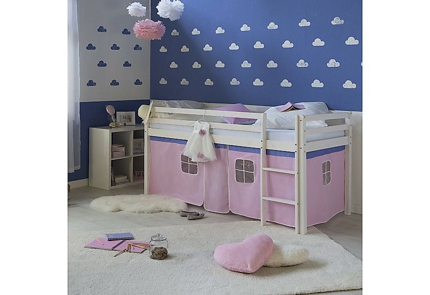 Homestyle4u Hochbett Kinderbett mit Leiter und Vorhang Weiß Rosa Holz Kiefe günstig online kaufen